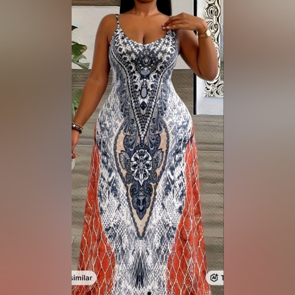 Boho Maxi Slip Dress in Black, White & Rust - Unbranded